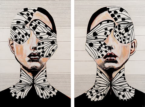 Diptych painting of two line-drawn faces with butterfly-patterned collars