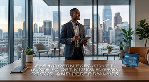 Executive in a high-rise office behind text about optimizing performance.