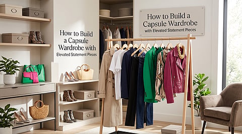 A clothing rack and shelves displaying a capsule wardrobe with statement pieces.