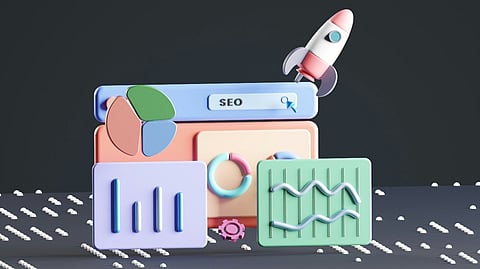 3D SEO and analytics illustration.