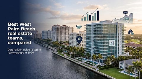 Best West Palm Beach real estate teams compared" text over a waterfront cityscape with data icons.