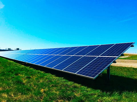 Solar panels in a grassy field.