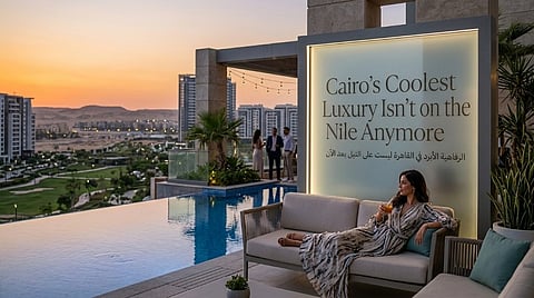 Woman lounging by an infinity pool next to a Cairo sign.