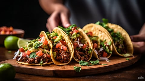 Four beef tacos on a wooden board.