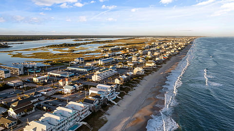 Aerial view of a coastal town.