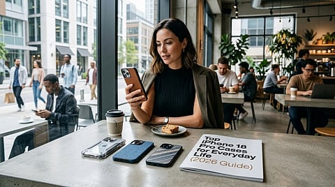 Woman looking at phone in cafe.