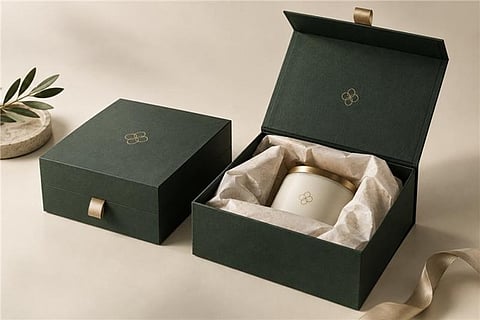 Open green gift box with candle.