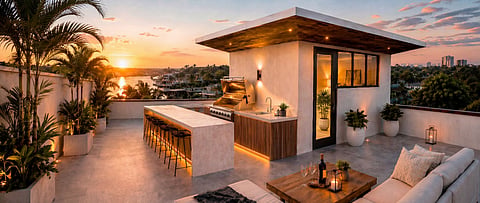 Rendering of the rooftop terrace at SKY Beach Pompano with summer kitchen and views at sunset.