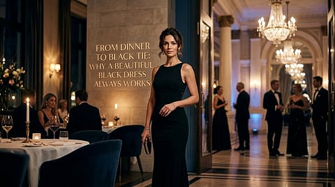 Woman in a black dress at a formal event.