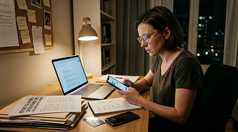 Woman using a smartphone at a desk.