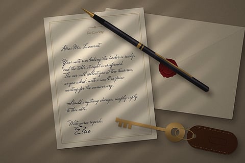 Handwritten letter, pen, wax-sealed envelope, and a key.