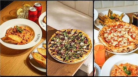 Collage of pizza and pasta.