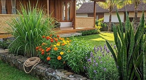 Garden bed with flowers and a stone wall.