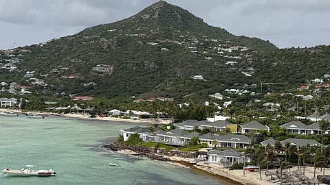 View of turquoise lagoon at Grand Cul-de-Sac and the Le Guanahani resort in St. Barth