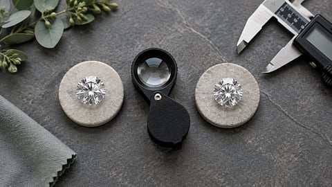 Two diamonds with a jeweler's loupe and caliper.