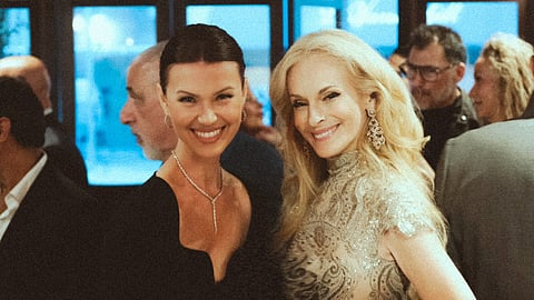 The two V&S Global Studio co-founders pose together at Grand Central Terminal during NYFW