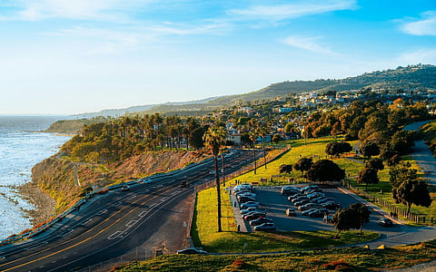 Coastal highway and park by the ocean.
