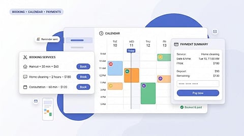 Booking, calendar, and payment software interface.