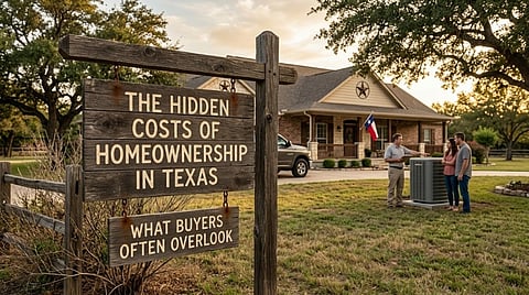 Wooden sign about homeownership costs in Texas.