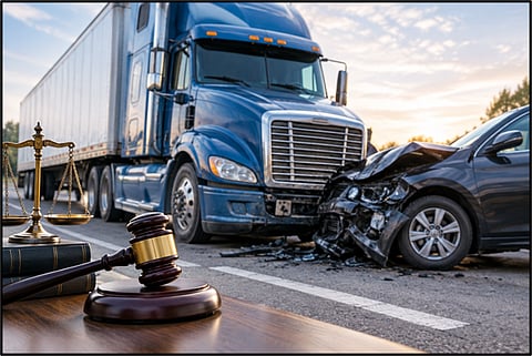 Gavel and scales of justice with a truck and car collision in the background.