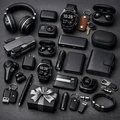 Flat lay of black everyday carry items and tech accessories.