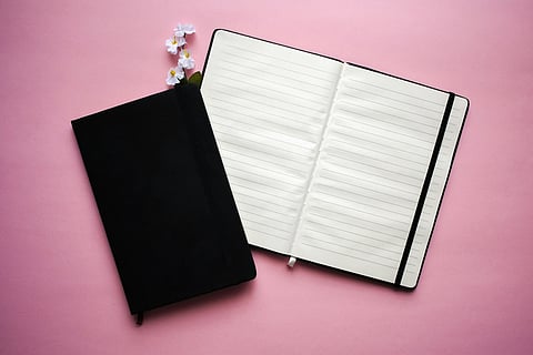 Two black notebooks on a pink background.