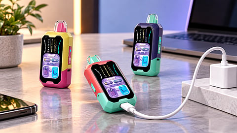 Colorful vapes on a desk, one charging.