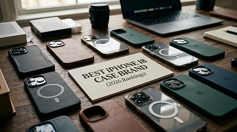 Various iPhone cases surrounding a "Best iPhone 18 Case Brand" sign on a desk.