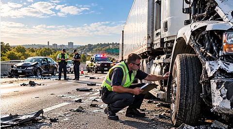 Investigator inspecting a damaged semi-truck.