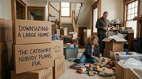 Couple packing moving boxes and sorting through keepsakes.
