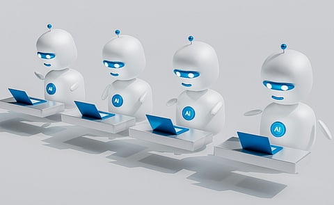 Row of AI robots working on laptops.