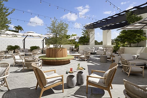 Rooftop terrace with lounge chairs, planters and string lights under a blue sky
