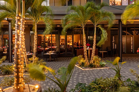 Palm trees wrapped in lights in a paved courtyard lined with restaurant terraces at dusk