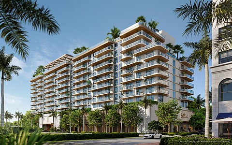 Rendering of a 12-story white residential tower with balconies, framed by palm trees