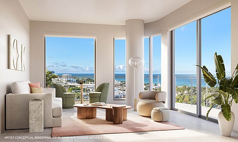 Rendering of a condo living room with curved seating, wood tables and wide windows facing the ocean