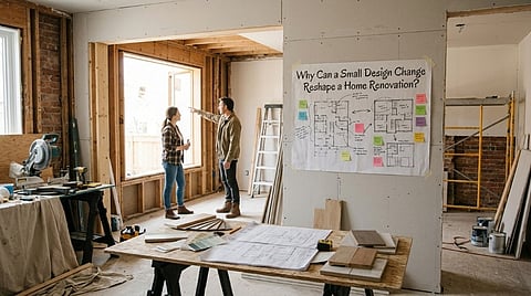 Couple discussing home renovation beside blueprint poster.