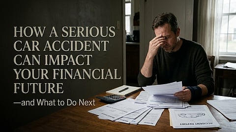 Stressed injured man reviewing medical and accident bills.