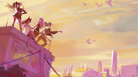 Illustration of four figures on a rooftop looking over a city at sunset