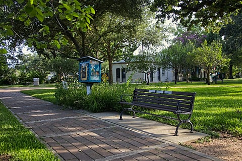 Park bench next to a brick path and Little Free Library.