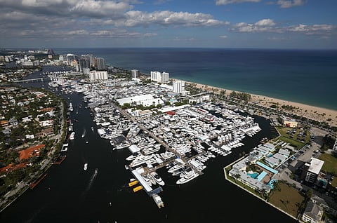 Aerial view of hundreds of yachts docked along Fort Lauderdale waterways beside the beach and ocean