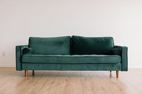 Green velvet sofa.