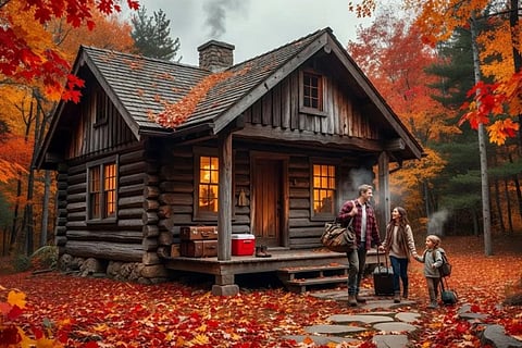Family leaving autumn cabin.