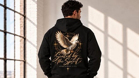 Black hoodie with dove graphic.