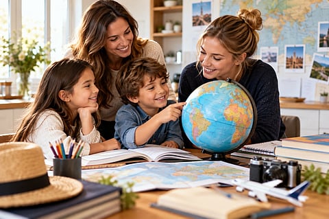 Family looking at a globe.