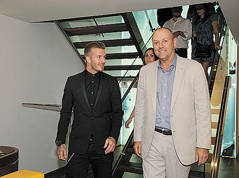 David Beckham (L) at Breitling’s flagship boutique in Manhattan