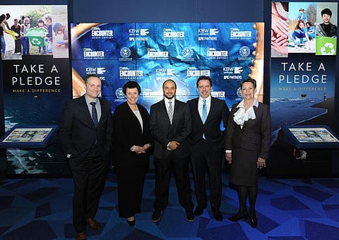 Alexander Svezia, Co-Founder and Managing Partner, SPE Partners; Rosa Zeegers, Executive Vice President of Consumer Products and Experiences, National Geographic Partners; Prince Khaled bin Alwaleed, Founder and CEO, KBW Ventures; William Pennell, Co-Founder and Managing Partner, SPE Partners; and Christine Kurtz, Managing Partner, SPE Partners, left to right, attend an event in New York, Wednesday, April 4, 2018, to announce National Geographic Encounter’s expansion with KBW Ventures and its partner, the General Entertainment Authority of Saudi Arabia, to develop and launch up to 10 new locations with Ocean Odyssey in the Middle East. (Diane Bondareff/AP Images for National Geographic Encounter)