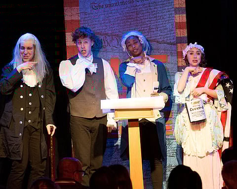 The Founding Fathers of The Constitution for Trump’s America. Richard Spitaletta, Mitchel Kawash, Aiesha Dukes, Mia Weinberger. Photo by Stephen Schwartz