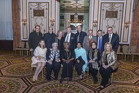 Back row: Musical artists Hao Jiang Tian, Dwayne Croft, Anthony Laciura, Marcello Giordani, President of the Metropolitan Opera Guild, Richard J. Miller, Jr., with legendary opera star Placido Domingo and honoree Sherill Milnes Seated: Musical artists Ainoha Arteta, Marilyn Horne, Harolyn Blackwell, Diana Soviero, Deborah Voigt with Honoree Grace Bumbry at the 81st Annual Metropolitan Opera Guild Luncheon at the Plaza Hotel on November 13th, 2015. Photo credit: Dario Acosta Photography