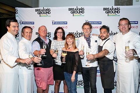 (L-R) Chef Aaron Bludorn, Chef Daniel Boulud, Chef Mario Batali, Cynthia Ochterbeck, Brenda Rosen, Chef Gunter Seeger, Chef Carlo Mirarchi, Chef Michael White