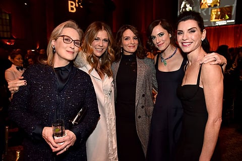 NEW YORK, NY - JANUARY 09: (L-R) Meryl Streep, Rita Wilson, Tina Fey, Allison Williams, and Julianna Margulies attend the The National Board Of Review Annual Awards Gala at Cipriani 42nd Street on January 9, 2018 in New York City.  (Photo by Kevin Mazur/Getty Images for National Board of Review)